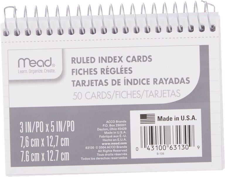 Mead Index Cards, 3" x 5", Ruled Front, Blank Back, 50 Cards, White (63130)
