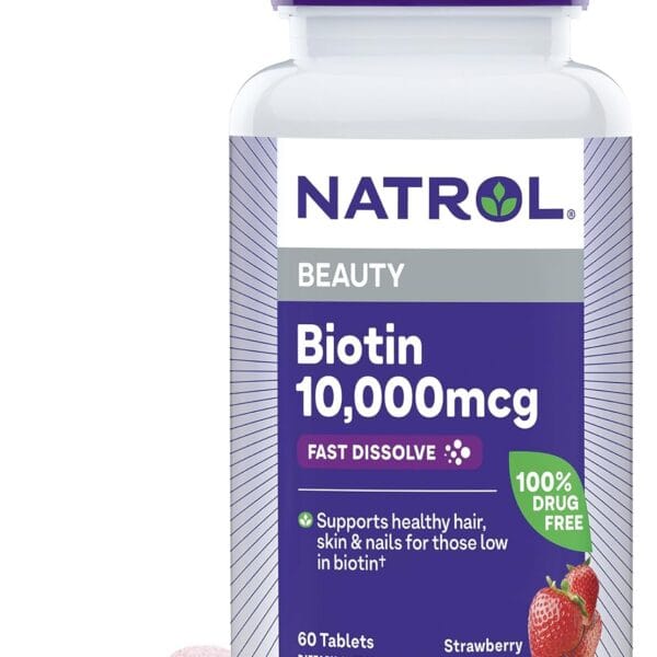 Natrol Biotin 10000mcg, 4X Faster Dissolve Supplement for Healthy Hair, Skin and Nails for Those Low in Biotin, Plus Energy Metabolism Support, 60 Tablets, Up to a 60 Day Supply