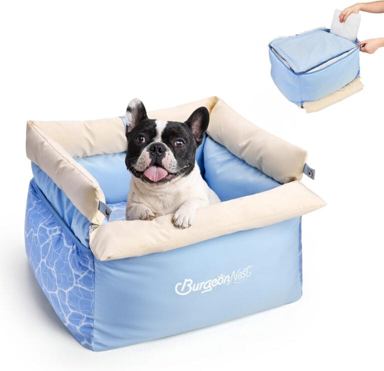 BurgeonNest Dog Car Seat for Small Dogs, Calm Blue Pet Car Bed Under 25 lbs, Soft Booster Fully Detachable and Washable Cat Carseats with Storage Pockets and Clip-On Leash Portable Travel Carrier