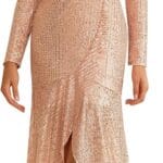 Women's Long Sequin Formal Dresses Long-Sleeve Cocktail Wedding Guest Dresses Elegant V Neck Party Gowns