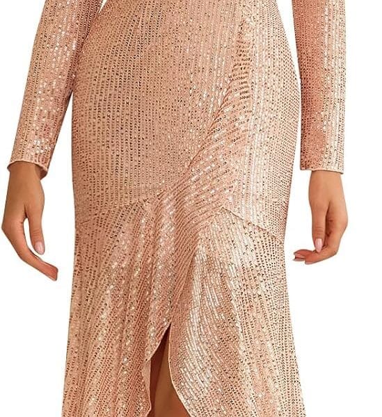 Women's Long Sequin Formal Dresses Long-Sleeve Cocktail Wedding Guest Dresses Elegant V Neck Party Gowns