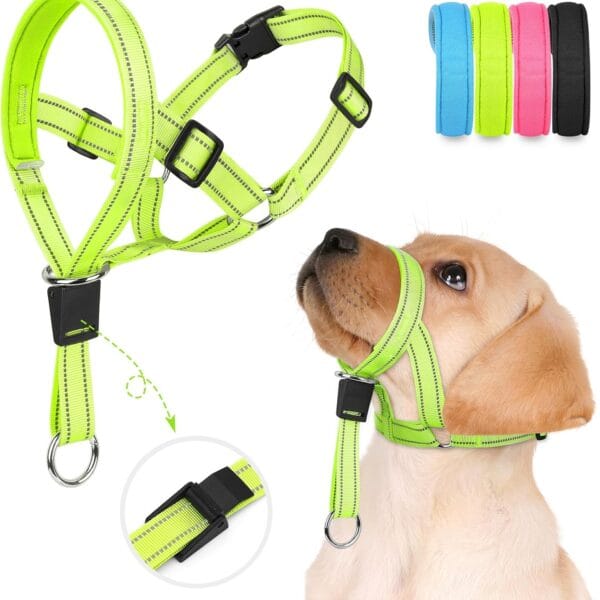Weesiber Soft Dog Head Collar - Adjustable Dog Head Harness, Padded No Pull Head Halter Collar with Reflective Safety Strip for Training and Walking(Green,S)