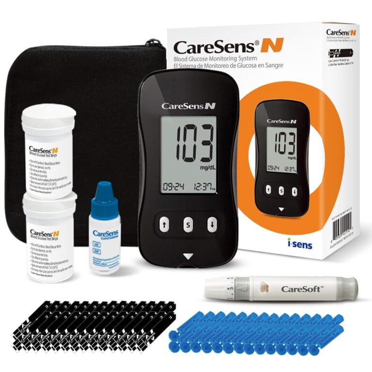 CareSens N Blood Glucose Monitor Kit with 100 Blood Sugar Test Strips, 100 Lancets, 1 Blood Glucose Meter, 1 Lancing Device, 1 Control Solution, Travel Case for Diabetes Testing for Personal Use