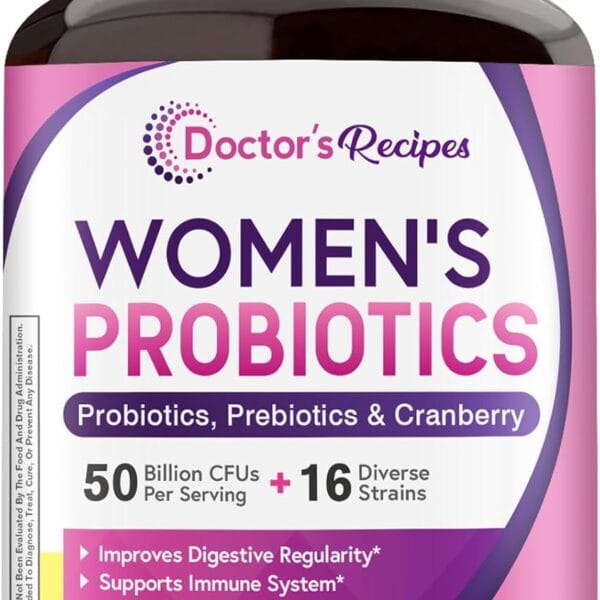 Doctor's Recipes Womens Probiotic, 60 Caps 50 Billion CFU 16 Strains, with Organic Cranberry, Digestive Immune Vaginal & Urinary Health, Shelf Stable, Delayed Release, No Soy Gluten Dairy