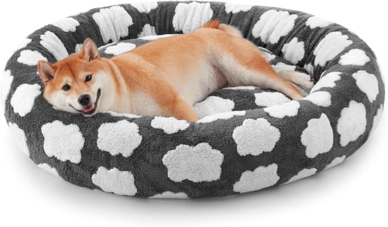 JOEJOY Donut Dog Bed Medium Size Dog, Cute Round Calming Pet Bed with Removable Washable Cover, Orthopedic Puppy Bed with Jacquard Shaggy Plush & Non Skid Bottom