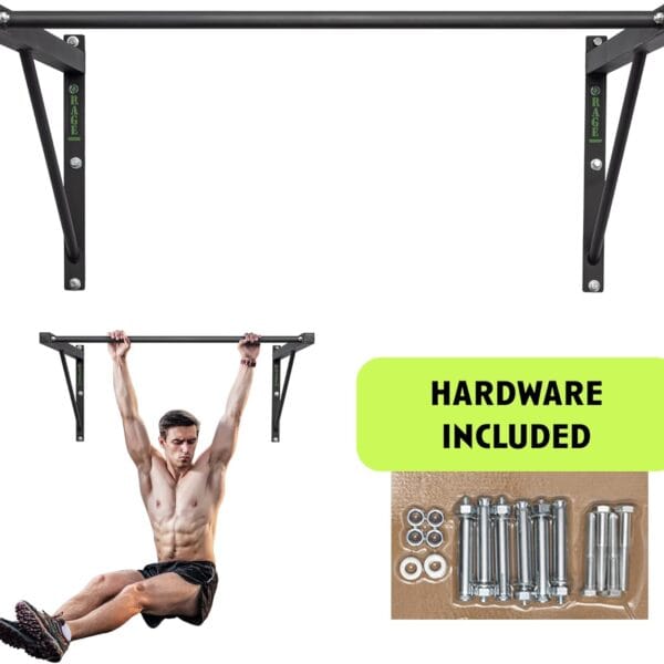 Rage Fitness Heavy-Duty Wall Mounted Pull Up Bar - 500 lbs Weight Capacity | Maintain Upper Body Strength & Core Stability | Space Efficient Steel Chin Up Black Bar for Home & Gym Versatile Workouts