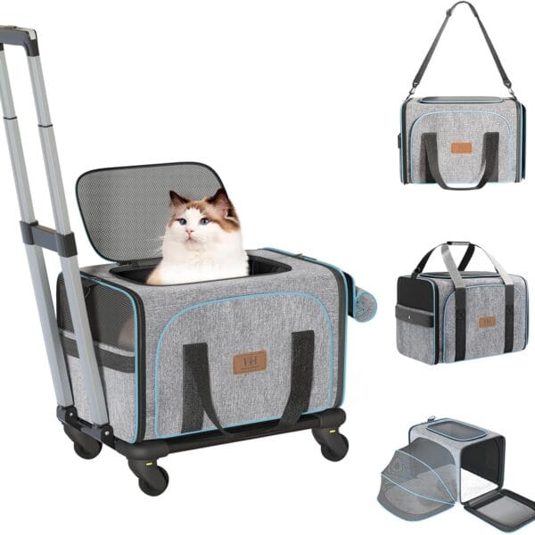 Western Home Expandable Cat Carrier with Wheels Airline Approved, Removable Soft Carrier, Rolling Cat Carrier for Puppy and Kitten with Telescopic Handle Suitable for Traveling/Hiking/Camping