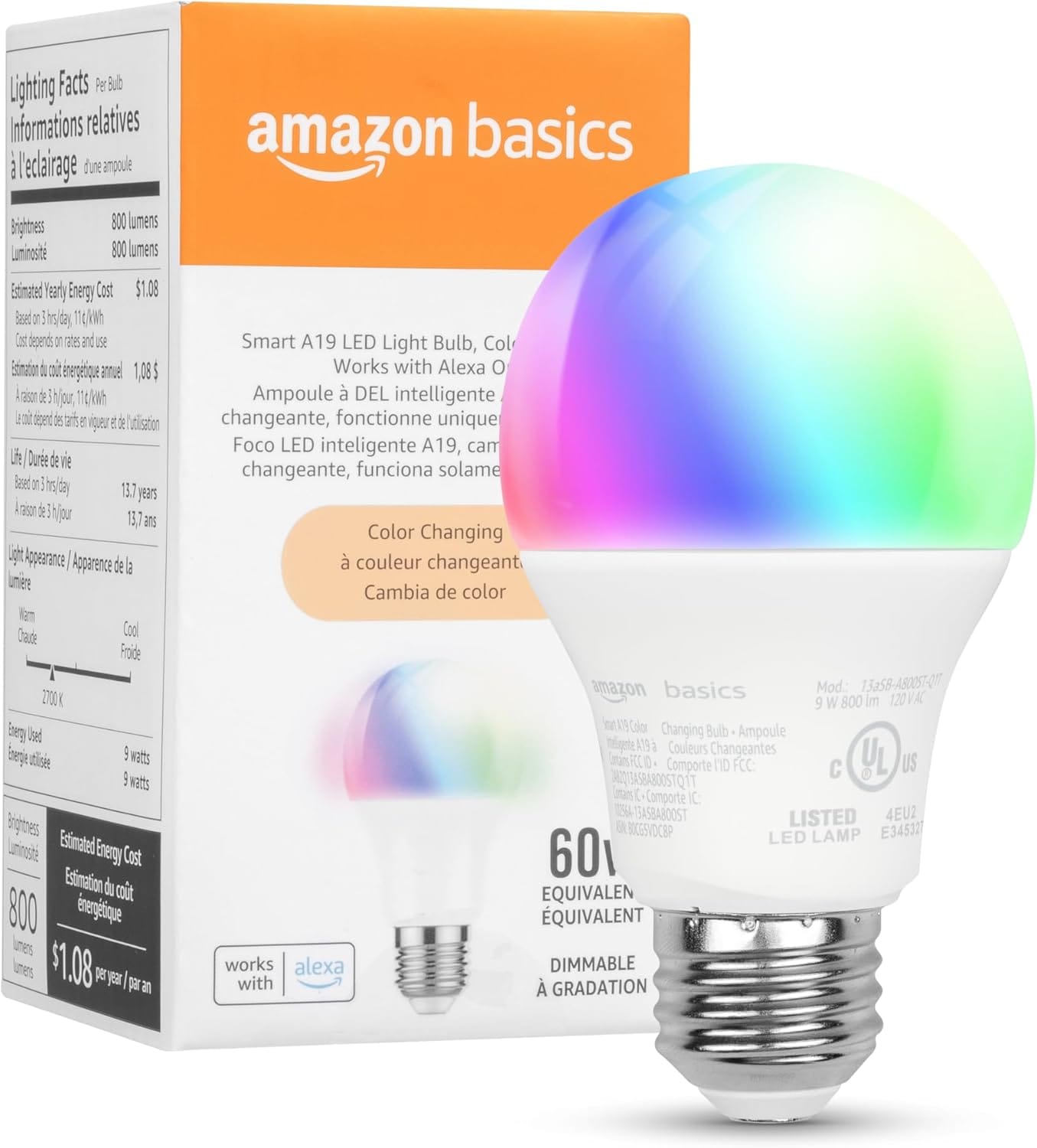 Amazon Basics Smart A19 LED Light Bulb, Color Changing, 9W (60W Equivalent), 800LM, Works With Alexa Only, 2.4 GHz Wi Fi, No Hub Required, 1 Pack Amazon Basics Smart A19 LED Light Bulb, Color Changing, 9W (60W Equivalent), 800LM, Works with Alexa Only, 2.4 GHz Wi-Fi, No Hub Required, 1 Pack