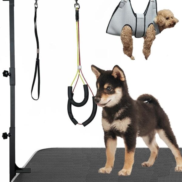 Dog Grooming Arm with Pet Grooming Hammock, 36” Dog Grooming Table Arm Height Adjustable Two No Sit Haunch Holder Three Section Design Suitable for Medium, Small Dogs, and Cats