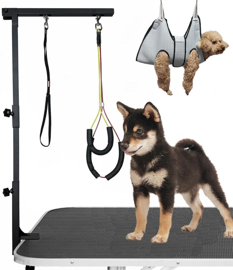 Dog Grooming Arm with Pet Grooming Hammock, 36” Dog Grooming Table Arm Height Adjustable Two No Sit Haunch Holder Three Section Design Suitable for Medium, Small Dogs, and Cats