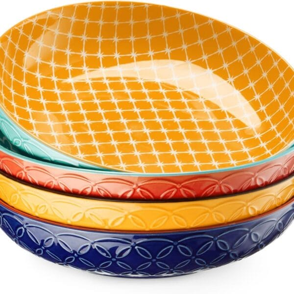 DOWAN 8.5" Vibrant Pasta, Salad & Soup Serving Bowls Set of 4, Embossed Large Porcelain Ceramic, Microwave, Oven & Dishwasher Safe, Bonita Design Perfect for Daily Dining, Family Gatherings, Party