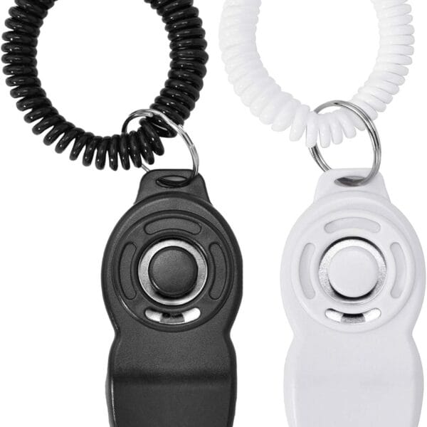 Dog Training Clickers and Whistle in One, Consistent Positive Reinforcement for Puppies, Fix Undesired Behaviors, Pet Training Clicker for Dog Cats Puppy Birds Horses, 2-Pack(White + Black)