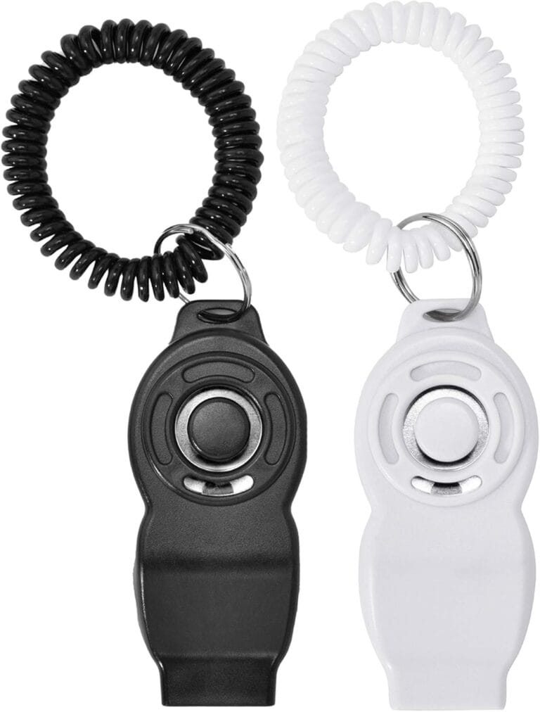 Dog Training Clickers and Whistle in One, Consistent Positive Reinforcement for Puppies, Fix Undesired Behaviors, Pet Training Clicker for Dog Cats Puppy Birds Horses, 2-Pack(White + Black)