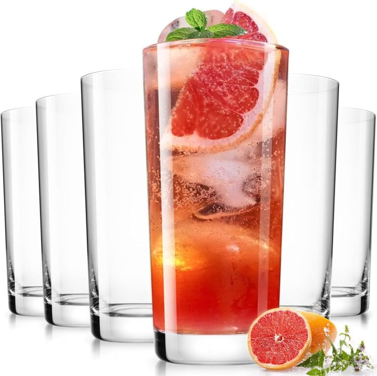 LUNA & MANTHA Drinking Highball Glasses Set of 6, Water Glasses 16 oz, Wide Mouth Design Lead-Free Crystal Glassware, Tall Glass Cups for Mojito and Tom Collins, Cocktail