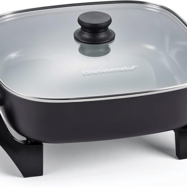 Elite Gourmet 12" x 12" x 3 Ceralast Ceramic Non-stick PFAS Free, Dishwasher Safe Electric Skillet, Xtra Deep Dish, Rapid Heat 1200W, Black