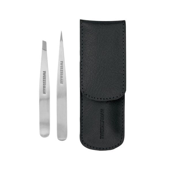 Tweezerman Petite Tweeze Set with Travel Case - Point and Slant Tweezers, Tweezers for Travel (Black Case)