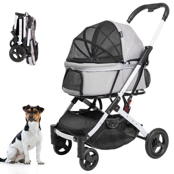 Pet Stroller for Medium Small Dog & Cat, Foldable Lightweight Dog Stroller with Storage Basket Pet Travel Carriage with Safety Leashes, 4 Wheel, Gray