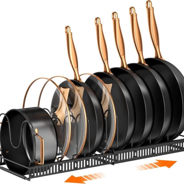 MUDEELA Pots and Pans Organizer Rack for under Cabinet, Expandable 11.81''-22.85'' Pot Lid Kitchen Cabinet Organizer Holder with 10 Adjustable Compartment Cutting Board Organizer for Pan Lid, Bakeware