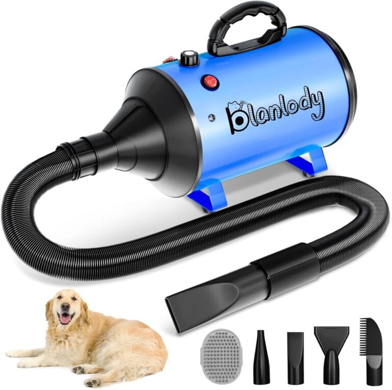 Dog Blower Grooming Dryer, Low Noise Pet Dryer Adjustable Speed and Temperature,5.2HP/ 3800W Dog Hair Dryer with Thickened Handle, High Velocity Blow Dryer for Dogs & 4 Nozzles 1 Massage Brush, Blue
