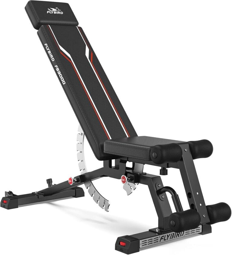 FLYBIRD Adjustable Weight Bench, Vertical Storage Space-Saving Workout Bench, 1200lbs Capacity Strength Training Bench with Detachable Headrest and Leg Support for Home Gym