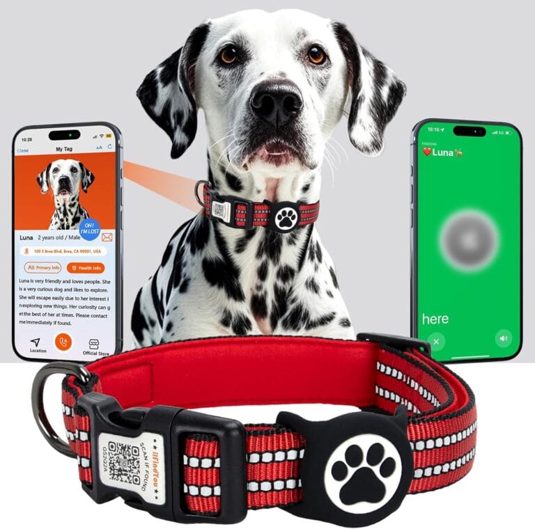 AirTag Dog Collar for Large Dogs, IP68 Waterproof Air Tag Dog Collar with Apple AirTag Holder, Reflective, Padded Lining, QR Code Personalized Dog Tags(Red, Large)