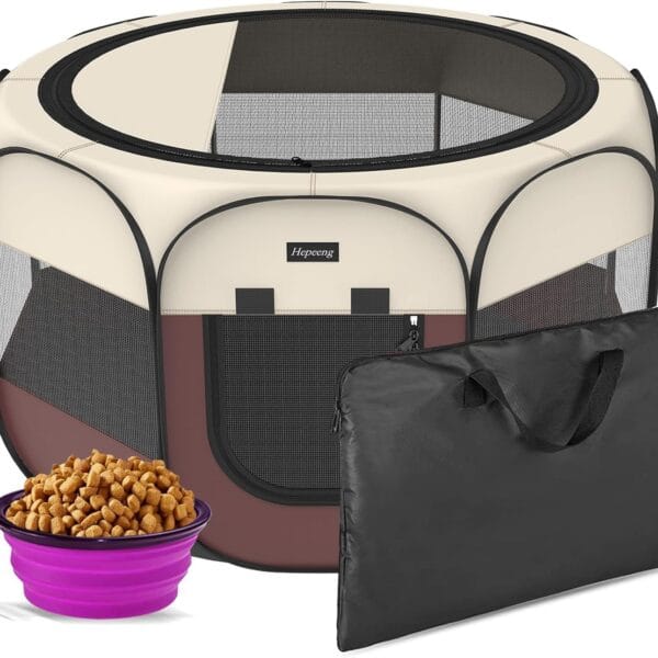 Portable Pet Playpen, 8-Panel Indoor/Outdoor Puppy Pen with Shade Cover & Travel Bag - Waterproof Dog Cat Tent Includes Collapsible Bowl