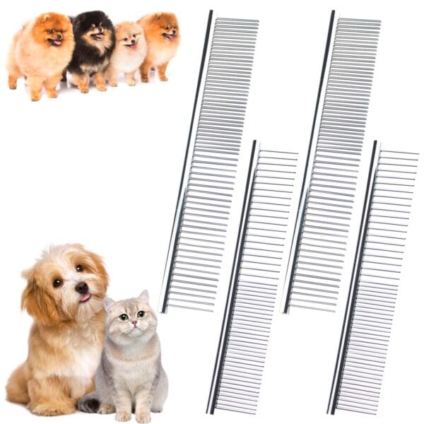 4 PCS Stainless-Steel Comb Dog Combs for Knots, Mats & Loose Hair Removal - Effective Dematting Tool, Comfortable, Lightweight, Portable & Safe for Dogs, Cats & Pets