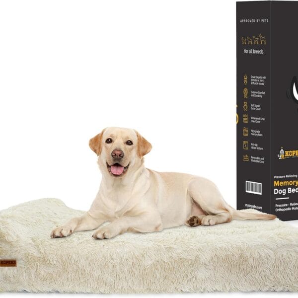 KOPEKS Orthopedic Memory Foam Dog Bed 7" Inch Thick Extra Large Dog Bed with Pillow Fluffy Brown 50"x34"x10" Includes Waterproof Liner & Durable Removable Cover with Smart Design