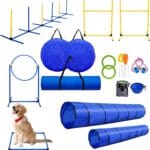 Dog Obstacle Course Training Kit | Agility Equipment Set with 2 Durable Tunnels, 6 Weave Poles, Adjustable Jump Ring, 2 Hurdle Jumps, Pause Box, Whistle, Folding Bowl, Toy Balls, Carry Bags