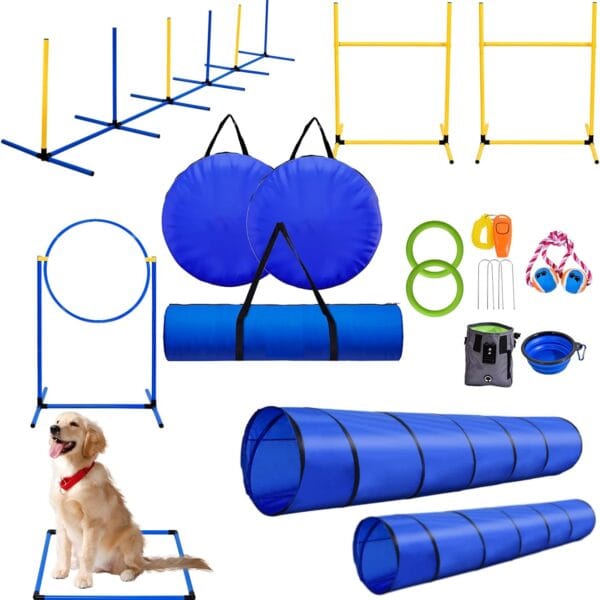 Dog Obstacle Course Training Kit | Agility Equipment Set with 2 Durable Tunnels, 6 Weave Poles, Adjustable Jump Ring, 2 Hurdle Jumps, Pause Box, Whistle, Folding Bowl, Toy Balls, Carry Bags