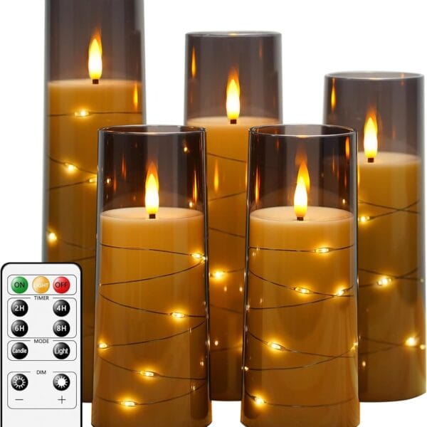 Flameless LED Candles with Timer 5 Pc Flickering Flameless Candles for Romantic Ambiance and Home Decoration Stable Acrylic Shell,with Embedded Star StringBattery Operated CandlesGrey