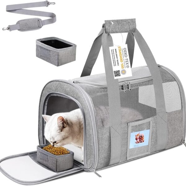 Cat Carrier Pet Dog Carrier Airline Approved for Puppy Kitten Carriers Under 15lb, Collapsible Soft Sided TSA Approved Travel Carrier-Grey