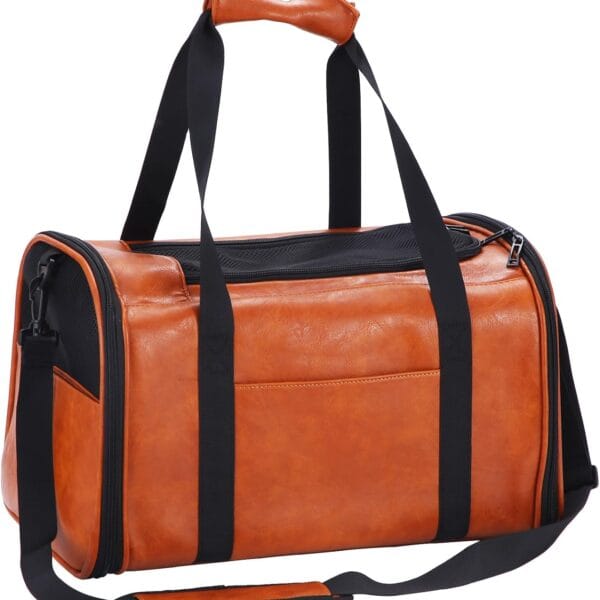 Fashion Leather Dog Carrier Cat Carrier Airline Approved Pet Carrier for Small Medium Dogs Cats Under 15Lbs, Collapsible Soft Sided Travel Puppy Carrier Brown