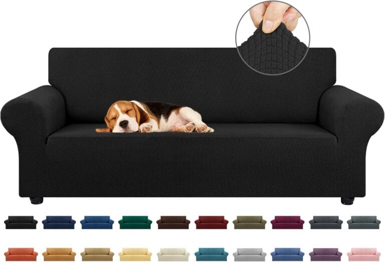 KEKUOU Stretch Sofa Cover Slipcover Couch Covers for 3 Cushion Couch Sofa pet Friendly (78"-94") Furniture Protector Sofa with Elastic Bottom for Kids,Dog, Jacquard Small Checked(Large,Black)