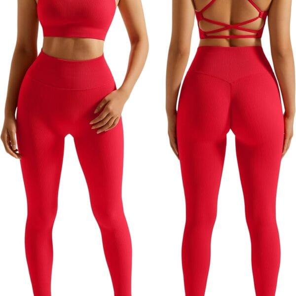 RXRXCOCO Ribbed Workout Sets for Women 2 Piece Backless Strappy Sports Bra Seamless Leggings Matching Set Yoga Outfits