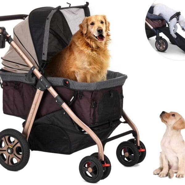 HPZ Pet Rover Titan-HD Premium Super-Sized Dog/Cat/Pet Stroller SUV Travel Carriage/w Access Ramp/100Lbs Capacity/Pumpless Rubber Wheels/Aluminum Frame for Small, Med, Large, XL Pets (Taupe)