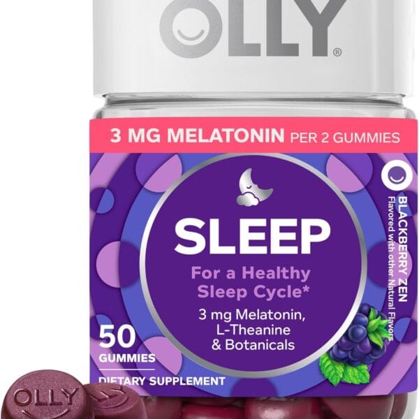 OLLY Restful Sleep Gummy Supplement with Melatonin & L-Theanine Chamomile, Blackberry Zen, 50 Gummies (25 Day Supply) Supports a Healthy Sleep Cycle* (Packaging May Vary)