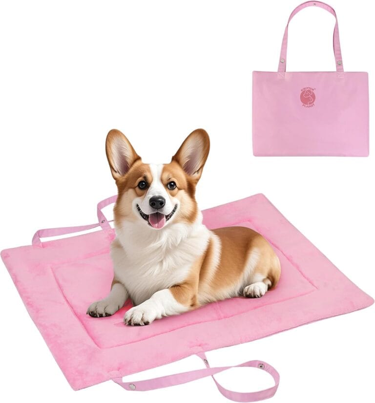 Kritter Planet Waterproof Foldable Dog Bed Pad for Camping & Travel, Portable Roll-Up Dog Bed Car Seat Pet Cushion Mat with Handles for Small & Medium Dogs, Indoor & Outdoor Use, Pink
