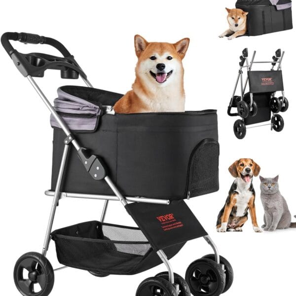 VEVOR Pet Stroller, 35 lbs Weight Capacity, Foldable Dog Stroller Cart, 4 Wheels Cats Strollers with with Detachable Carrier & Mesh Windows, Portable Design with Brake for Small to Medium Pets