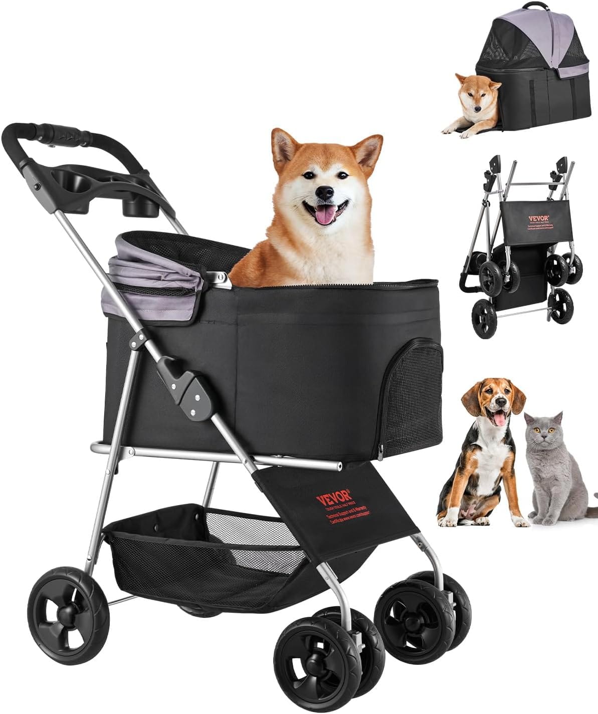 VEVOR Pet Stroller, 35 lbs Weight Capacity, Foldable Dog Stroller Cart, 4 Wheels Cats Strollers with with Detachable Carrier & Mesh Windows, Portable Design with Brake for Small to Medium Pets VEVOR Pet Stroller, 35 lbs Weight Capacity, Foldable Dog Stroller Cart, 4 Wheels Cats Strollers with with Detachable Carrier & Mesh Windows, Portable Design with Brake for Small to Medium Pets