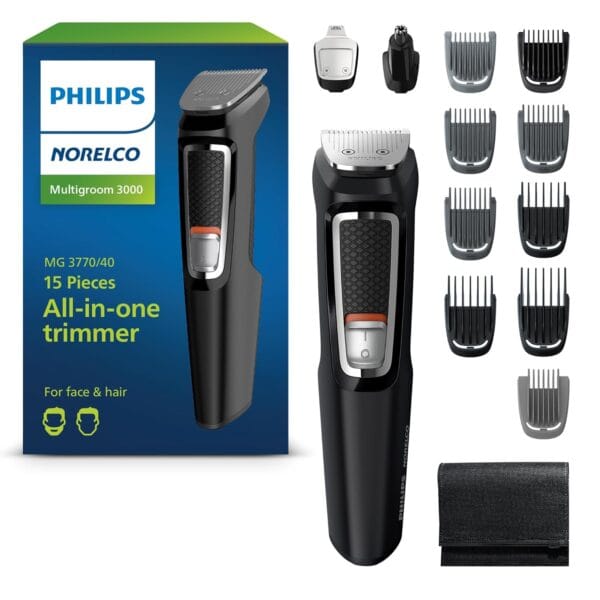 Norelco Philips Multigroom 3000 Series, All-in-One Trimmer, Beard Trimmer and Hair Clipper, 15-Piece Men's Grooming Kit for Head, Beard, Face, Nose, Ears, No Blade Oil Needed, Soft Pouch, MG3770/40