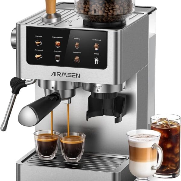 AIRMSEN Espresso Machines with Burr Grinder, 20 Bar, Milk Frother Steam Wand, Stainless Steel Coffee Maker for Home - Cappuccino Latte & Cold Brew Iced Coffee Maker & Americano