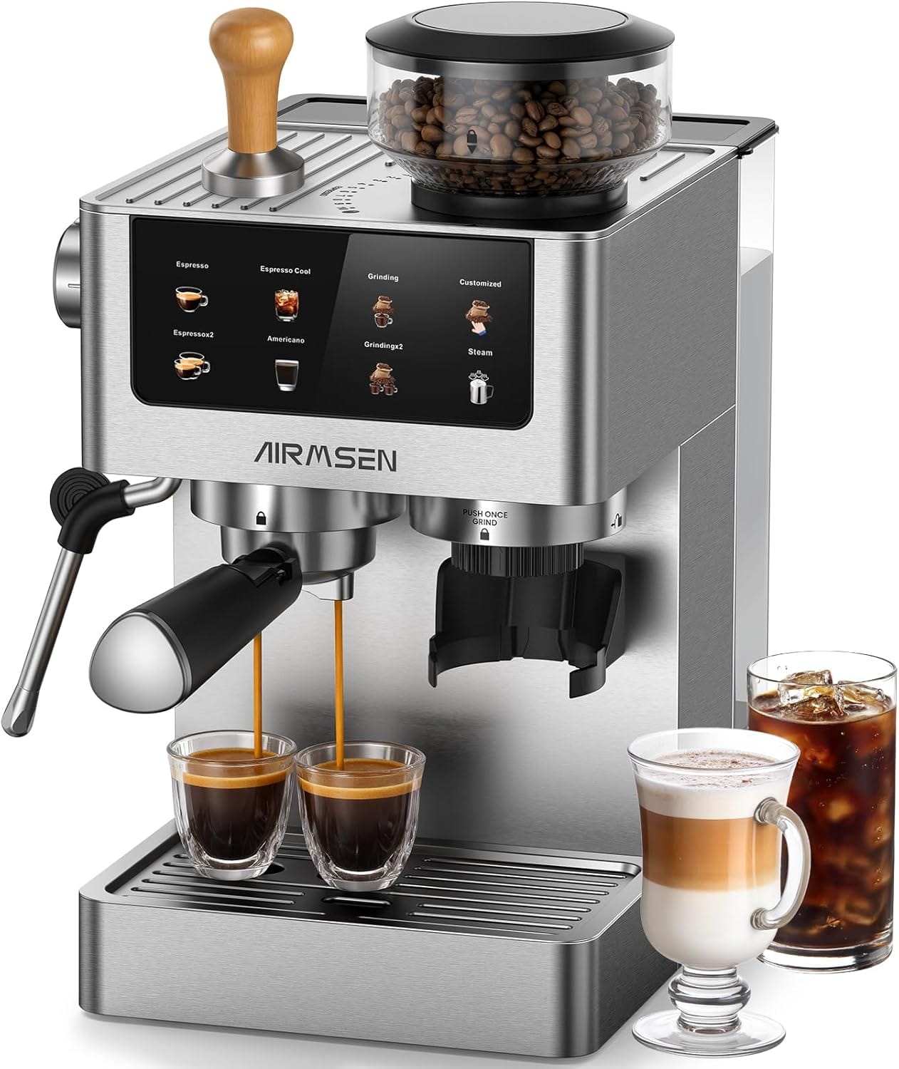 AIRMSEN Espresso Machines With Burr Grinder, 20 Bar, Milk Frother Steam Wand, Stainless Steel Coffee Maker For Home Cappuccino Latte & Cold Brew Iced Coffee Maker & Americano AIRMSEN Espresso Machines with Burr Grinder, 20 Bar, Milk Frother Steam Wand, Stainless Steel Coffee Maker for Home - Cappuccino Latte & Cold Brew Iced Coffee Maker & Americano