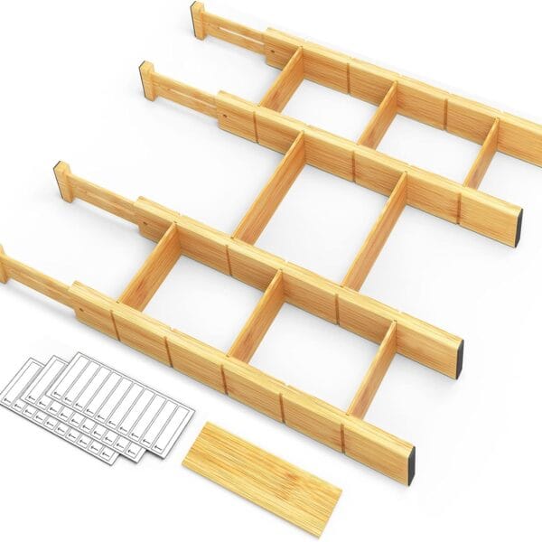 SpaceAid Bamboo Drawer Dividers with Inserts and Labels, Kitchen Adjustable Drawer Organizers, Expandable Organization for Home, Office, Dressers, 4 Dividers with 9 Inserts (17"-22" Natural)