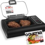 Gourmia Smokeless Indoor Grill & Air Fryer with Recipe Book  Electric Grill for Indoor Use, 5in1 Countertop Cooker, Cast-Iron Grate, 1650W, Glass Lid, Dishwasher-Safe Plates