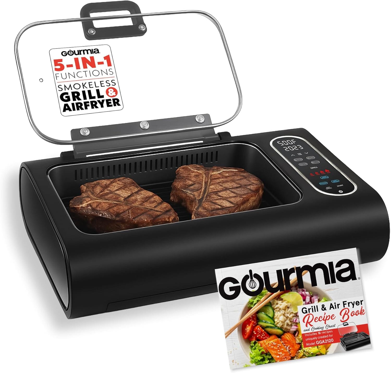 Gourmia Smokeless Indoor Grill & Air Fryer With Recipe Book Electric Grill For Indoor Use, 5in1 Countertop Cooker, Cast Iron Grate, 1650W, Glass Lid, Dishwasher Safe Plates Gourmia Smokeless Indoor Grill & Air Fryer with Recipe Book Electric Grill for Indoor Use, 5in1 Countertop Cooker, Cast-Iron Grate, 1650W, Glass Lid, Dishwasher-Safe Plates