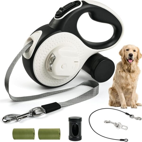 Heavy Duty Retractable Dog Leash for Large Dogs, 26ft Dog Leash with Poop Bag Holder, Up to 100lbs, chew Proof Cable, 2 Rolls Poop Bags, 360 No-Tangle, One-Handed Pause & Locked. (White, 26ft)