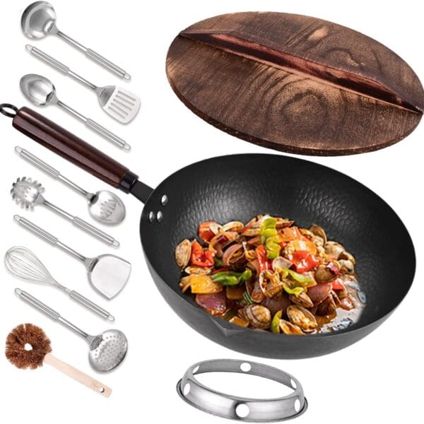 12.8" Carbon Steel Wok-11Pcs Woks & Stir Fry Pans Wok Pan with Lid, No Chemical Coated Chinese Woks with 10 Cookware Accessories, Flat Bottom Wok for Electric, Induction,Gas Stoves