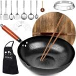 Carbon Steel Wok Pan, 14 Piece Woks & Stir-Fry Pans Set with Wooden Lid Cookwares, No Chemical Coated Flat Bottom Chinese Pan for Induction, Electric, Gas, Halogen All Stoves - 12.6''