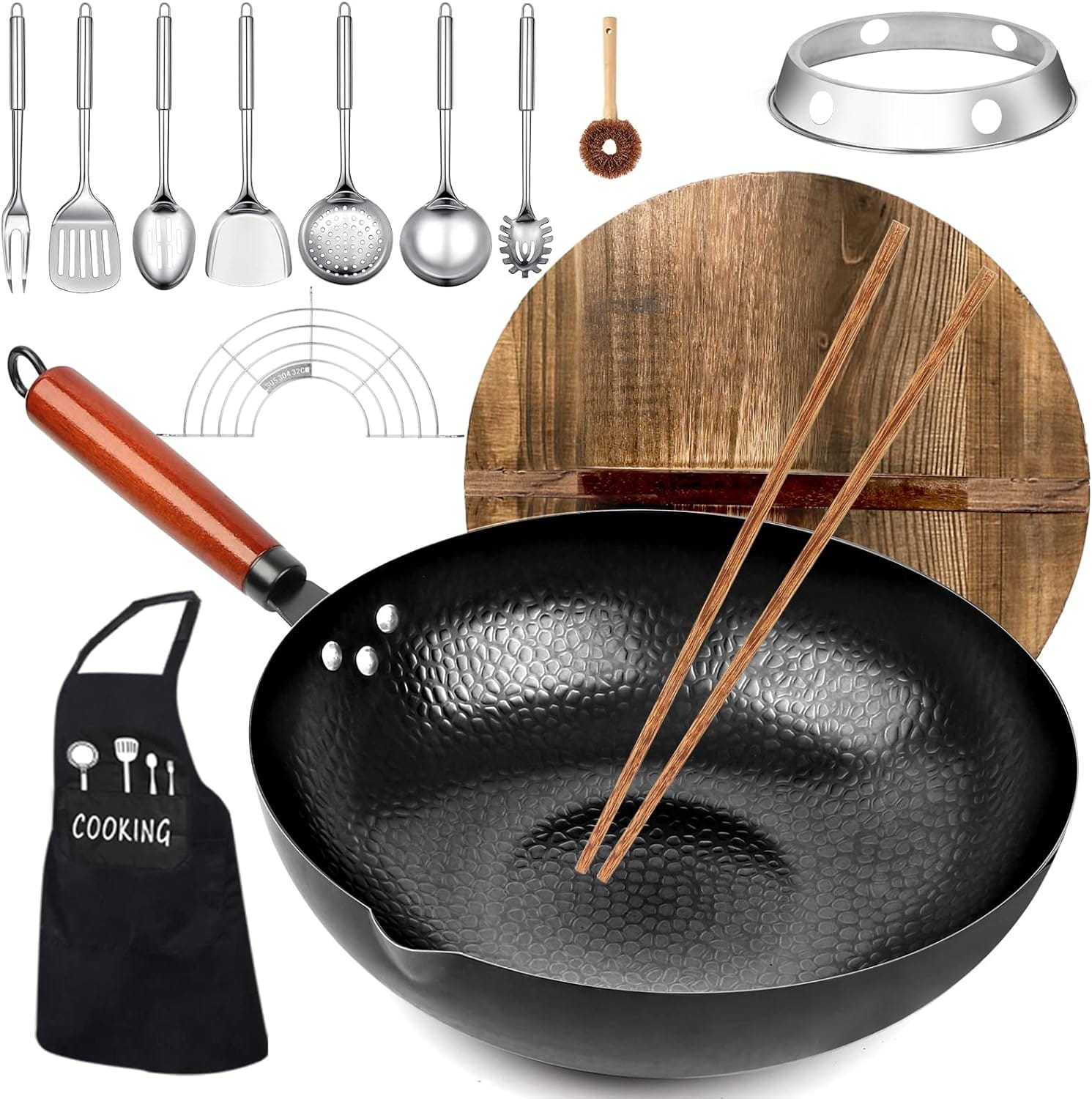 Carbon Steel Wok Pan, 14 Piece Woks & Stir Fry Pans Set With Wooden Lid Cookwares, No Chemical Coated Flat Bottom Chinese Pan For Induction, Electric, Gas, Halogen All Stoves 12.6'' Carbon Steel Wok Pan, 14 Piece Woks & Stir-Fry Pans Set with Wooden Lid Cookwares, No Chemical Coated Flat Bottom Chinese Pan for Induction, Electric, Gas, Halogen All Stoves - 12.6''
